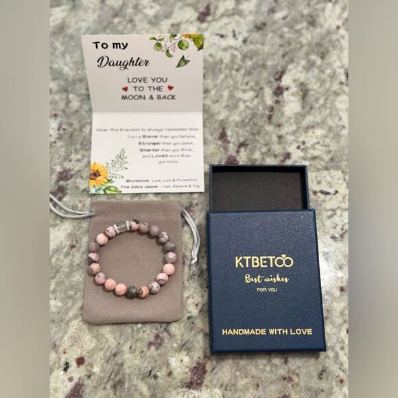 NEW KTBETOO Pink Zebra Jasper & Moonstone Beaded Bracelet Handmade - Picture 2 of 4